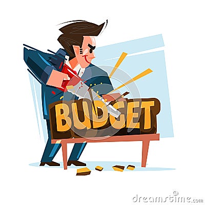 Businessman cutting budget text, vector Cartoon Illustration