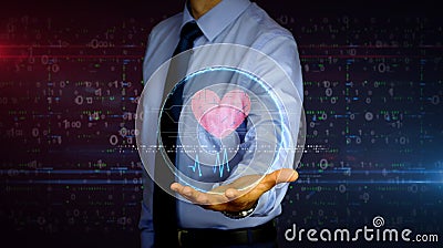 Businessman with cyber heart and love hologram Stock Photo
