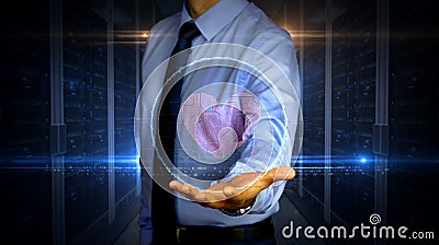 Businessman with cyber heart and love hologram Stock Photo