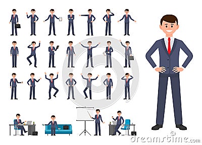 Businessman in dark blue suit cartoon character. Vector illustration of person working in office. Vector Illustration