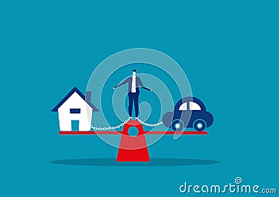 Businessman debt House and Car on scale loan Concept Vector Illustration