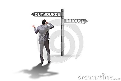 Businessman deciding between outsourcing and inhouse Stock Photo