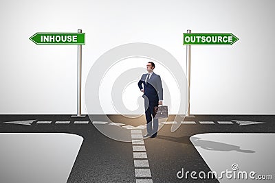 Businessman deciding between outsourcing and inhouse Stock Photo