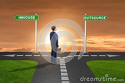 Businessman deciding between outsourcing and inhouse Stock Photo