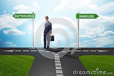 Businessman deciding between outsourcing and inhouse Stock Photo