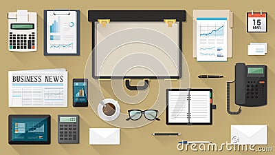 Businessman desktop with briefcase Vector Illustration