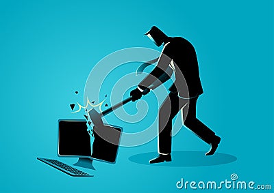 Businessman destroying desktop computer with sledge hammer Vector Illustration