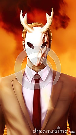 Businessman with devil mask on the background of business people and fire. Stock Photo