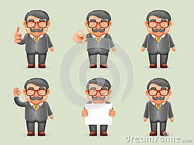 Businessman Different Actions Man Mustache Geek Hipster 3d Realistic Cartoon Character Design Vector Vector Illustration