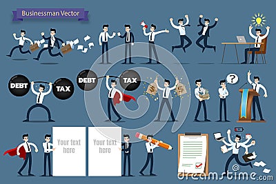 Businessman with different poses, working and presenting process gestures, actions and poses character design set. Vector Illustration