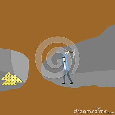 Businessman dig with shovel to get gold in adjacent tunnel in cross section view of underground mine. Stock Photo