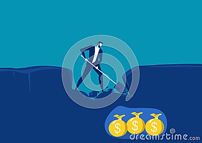 Businessman dig with shovel and very near to success with money gold under land. Conceptual vector illustration Vector Illustration