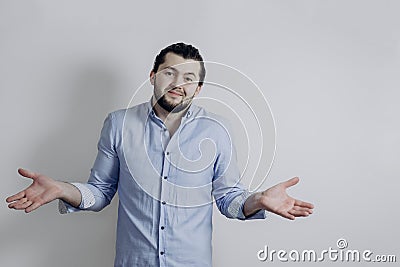 Businessman does not know what happened. Copypast. Gray background Stock Photo