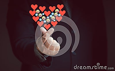 Businessman doing mini heart hand giving highest satisfaction rating red heart smiley face thumb up thumbs up Service Provider Stock Photo