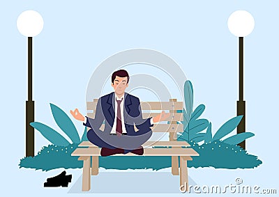 Businessman doing yoga on a bench at the park Vector Illustration