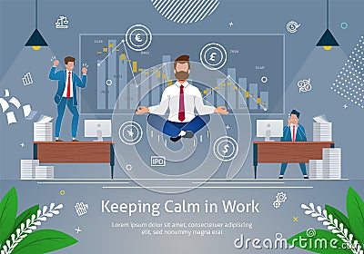 Businessman Doing Yoga Trying to Keep Calm Banner. Vector Illustration