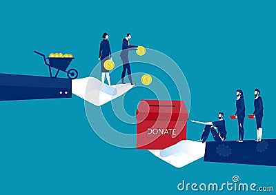 Businessman donate with chest full of money giving one coin to humbled beggar or supplicant. Vector Illustration