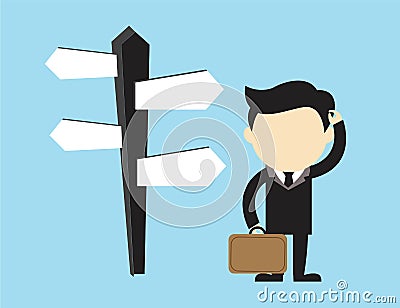 Businessman doubting which direction is the best. Vector Vector Illustration