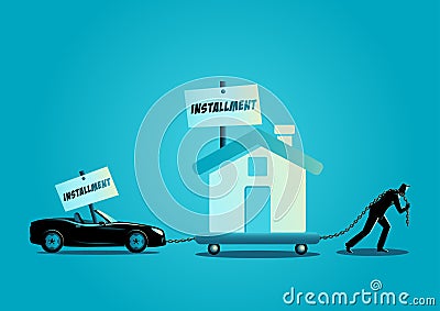 Businessman dragging a house and a convertible car Vector Illustration
