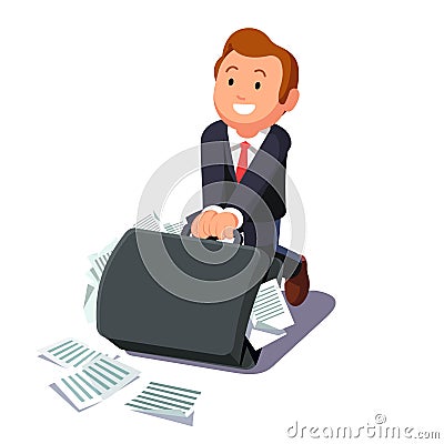 Businessman dragging huge briefcase full of papers Vector Illustration