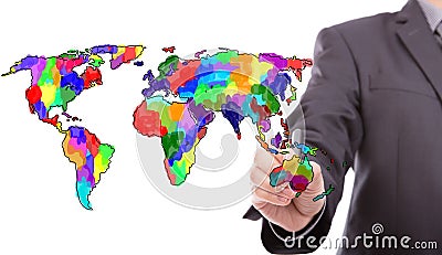 Businessman drawing colorful map of world Stock Photo