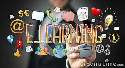 Businessman drawing hand-drawn e-learning presentation Stock Photo