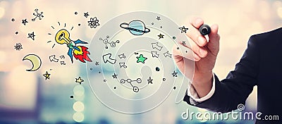 Businessman drawing Idea Rocket concept Stock Photo