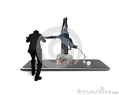Businessman drawing out light bulbs from retro pump smart tablet Stock Photo