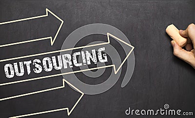 A businessman is drawing Outsourcing concept with arrows Stock Photo