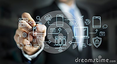 Businessman drawing tech devices and icons thin line interface Stock Photo