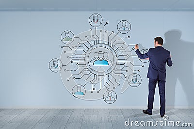 Businessman drawing thin line social network icons interface Stock Photo