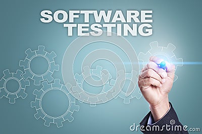 Businessman drawing on virtual screen. software testing concept Stock Photo