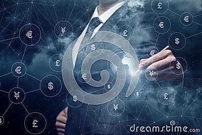 Businessman draws the structure of the global system of currency transactions Stock Photo