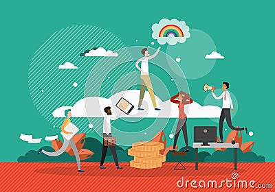 Businessman dreamer reaching for rainbow, flat vector illustration. Business dream, career, goal achievements, success. Vector Illustration