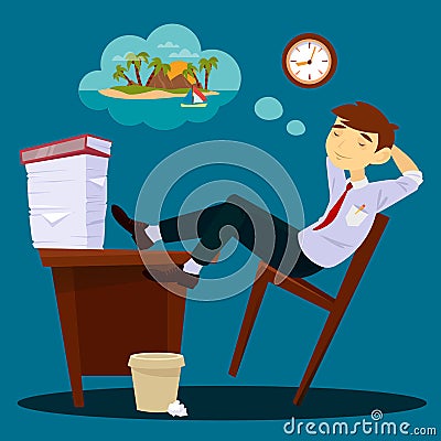 Businessman Dreaming about Vacation. Lazy Businessman Vector Illustration