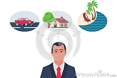 Businessman dreams of a new car at home or a vacation on the island Vector Illustration