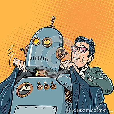 Businessman dress up robot boss. Artificial intelligence assistant. Robotization new technologies Vector Illustration