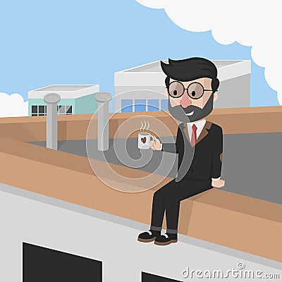 Businessman Drink Coffee On Rooftop Color Illustration Vector Illustration