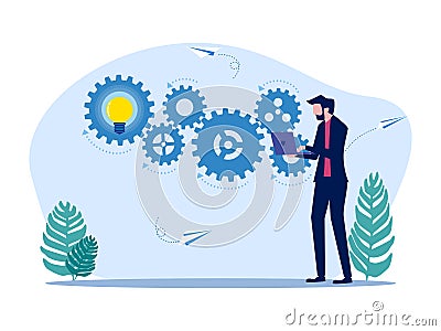 Businessman driving mechanical gear with laptop. Implementation of the process. Efficient work system control concept Vector Illustration