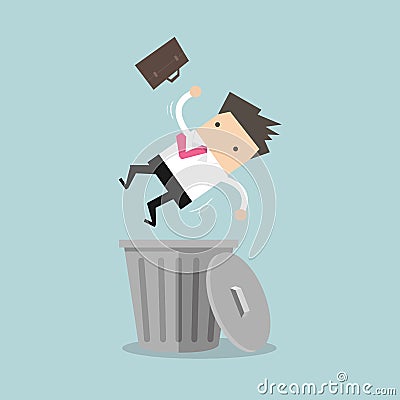 Businessman dropped into trashcan layoff concept. Vector Illustration