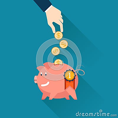 Businessman dropping coins into a piggy bank Vector Illustration