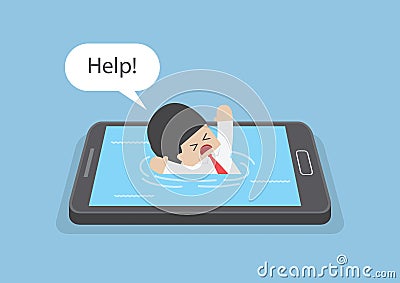 Businessman drowned or sank in the smartphone Vector Illustration