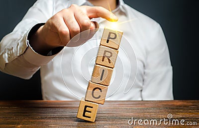 Businessman dumps prices. Cost reduction, sale and promotion. Attracting new customers, seasonal discount. Pricing on the stock Stock Photo
