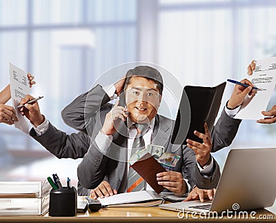 businessman with eight hands in elegant suit working hold notepad clipboard, cell phone, paper, document, contract, folder Stock Photo