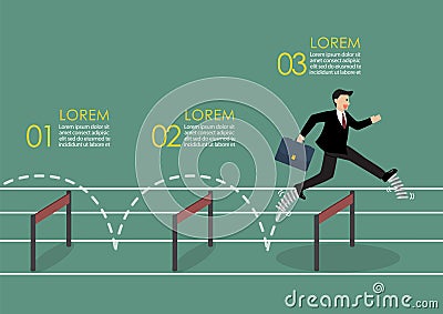 Businessman with elastic spring shoes jumping over hurdle infographic Vector Illustration