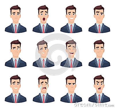 Businessman emotions. Male characters with various face emotions sadness joy hate laughter anger smile fear vector Vector Illustration