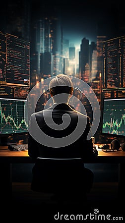 Businessman employs data analysis tools for informed stock trading and cryptocurrency decisions Stock Photo