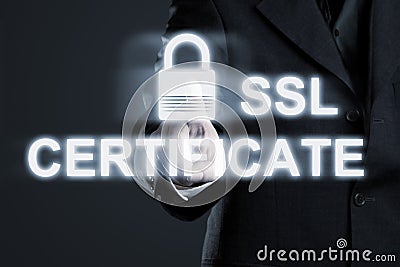 Businessman enabling ssl certificate secure connection to intern Stock Photo