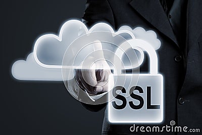 Businessman enabling ssl secure connection to cloud network services Stock Photo