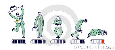 Businessman Energy Level Timeline from Happy Active Position till Exhausted Tired Man Lying on Floor with Low Battery Vector Illustration